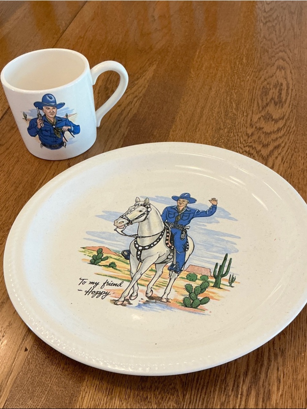 Home Hopalong Cassidy plate and cup. Plate is 9.5” wide. Cup a small coffee cup.